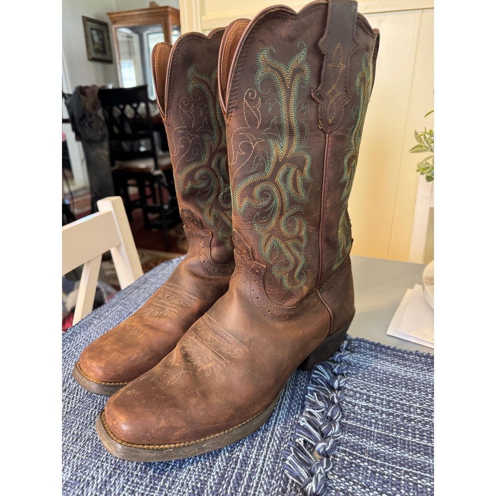 Justin Boots Womens L2552 Brown Leather Teal Embroidery Western Boots 10.5C